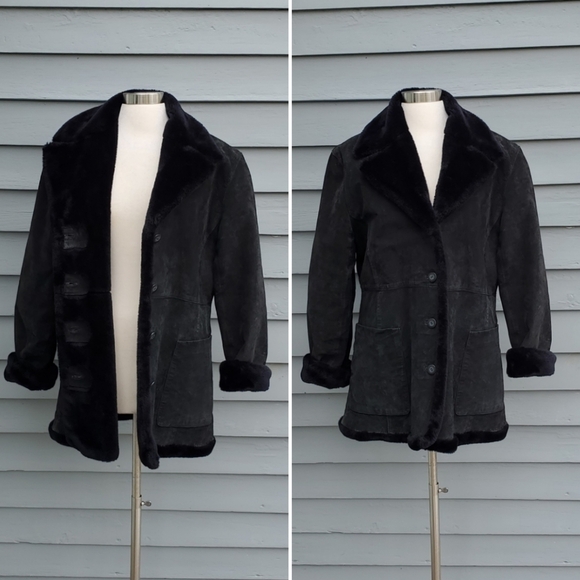 Vintage 90s y2k Bratz Black Leather Plush Faux Fur Lined Penny Lane Rancher Coat - Picture 2 of 8